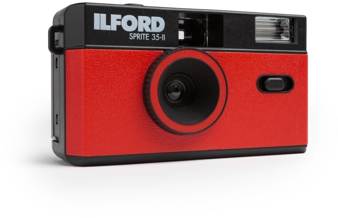 Ilford Sprite 35-II Schwarz/Rot analoge 35-mm-Kamera – kompakte Filmkamera mit integriertem Blitz