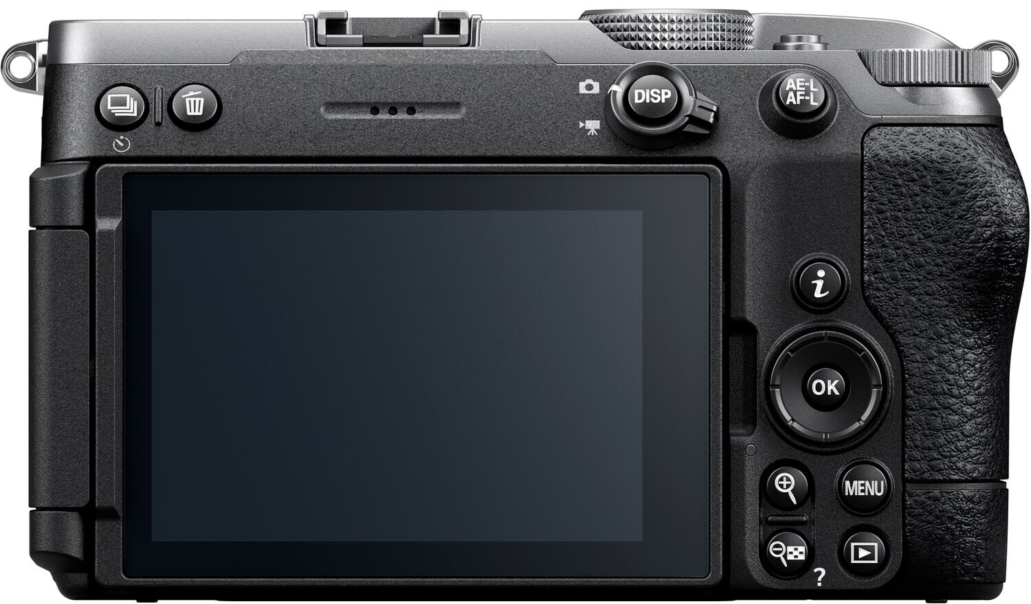 Rückansicht der Nikon Z5IIC mit großem schwenkbarem Display, Bedienrad und Funktionstasten.