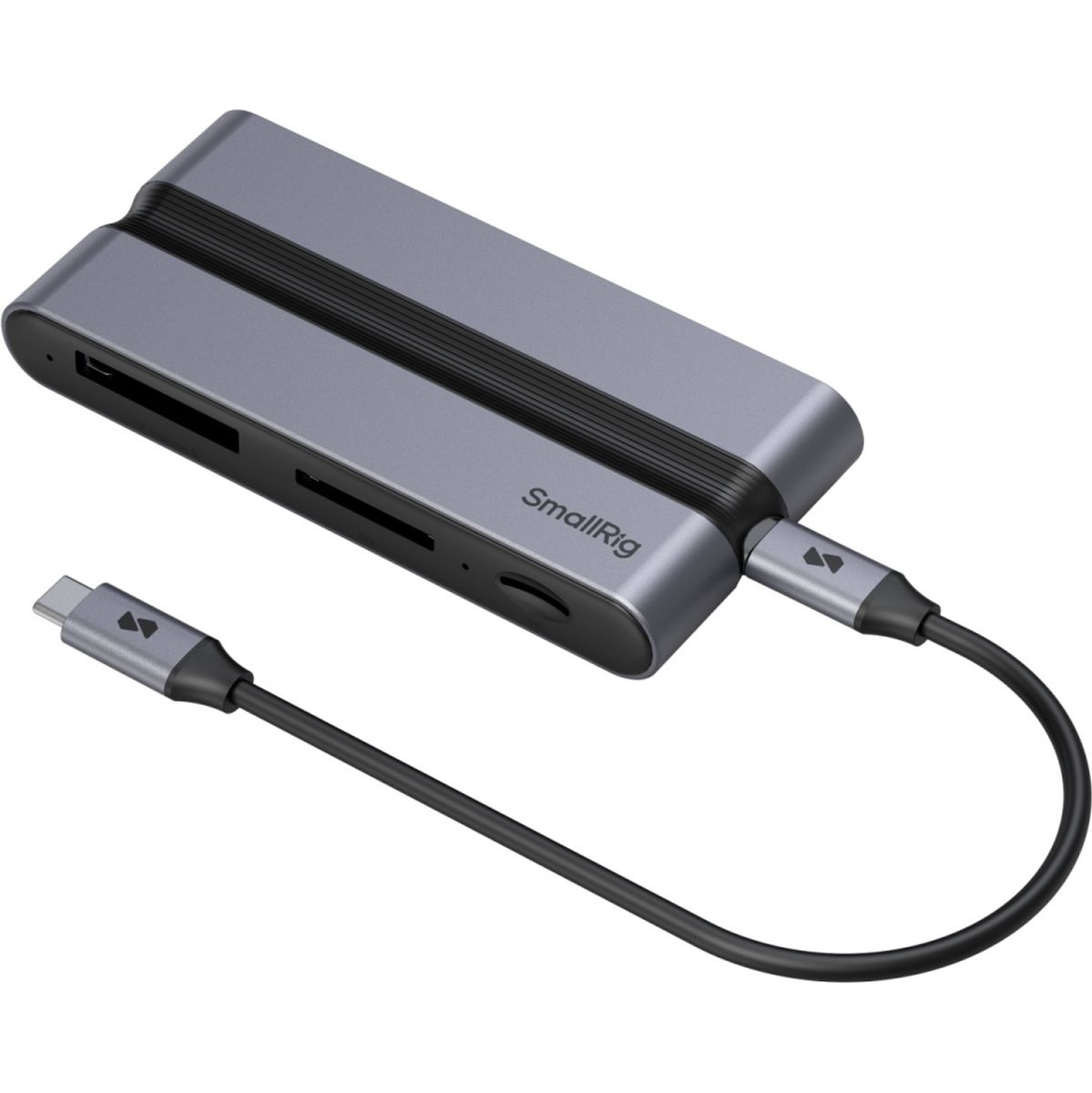 SmallRig USB-C Multiport-Hub in Grau mit integriertem USB-C-Kabel und mehreren Anschlüssen, schräg von oben auf weißem Hintergrund.