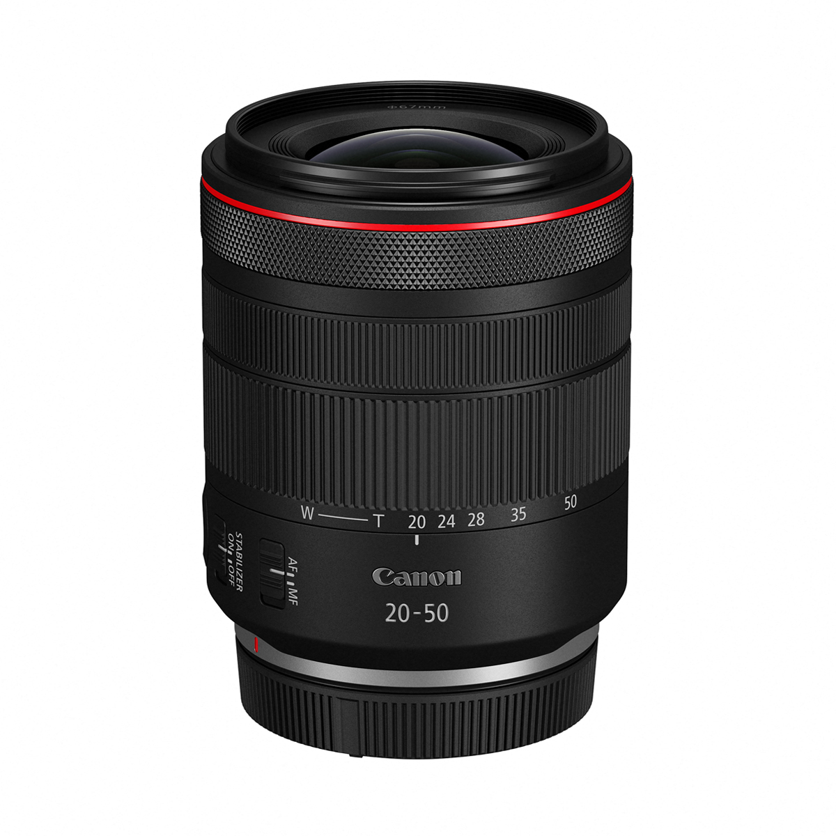 Canon 20–50 mm Zoomobjektiv in Schwarz mit rotem Ring, Brennweitenskala und Canon-Logo in schräger Frontansicht.