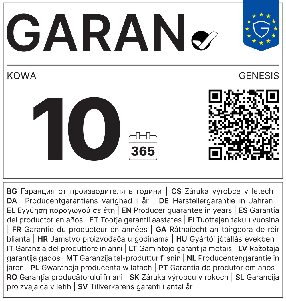 Garantiekennzeichnung von GARANT für KOWA GENESIS. Die Grafik weist eine Herstellergarantie von 10 Jahren aus und zeigt ein Kalendersymbol mit „365“, einen QR-Code sowie den Hinweis „Herstellergarantie in Jahren“ in mehreren Sprachen.