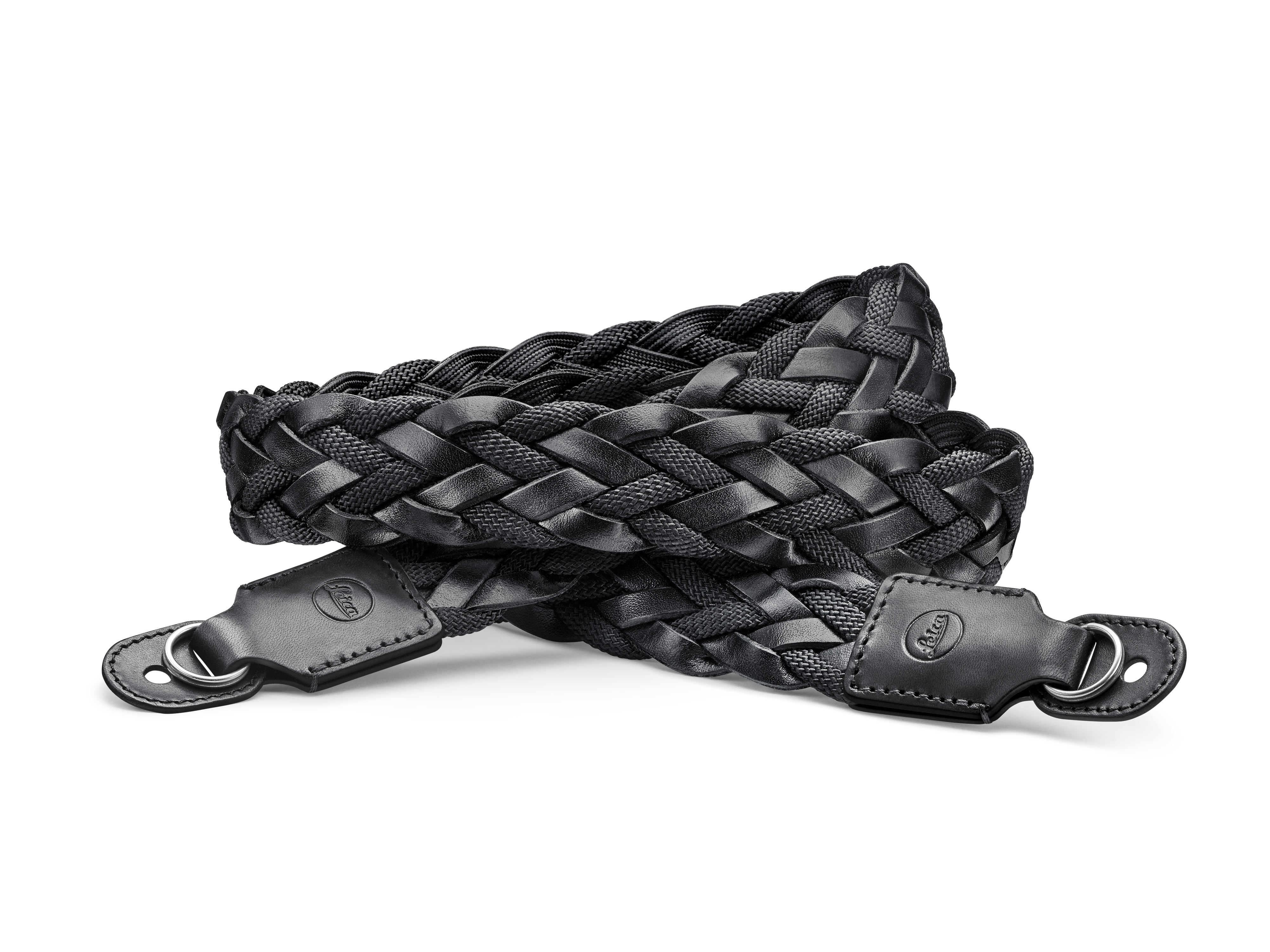Leica Tragriemen 14696 – flachgeflochten, Rayon & Leder, Schwarz