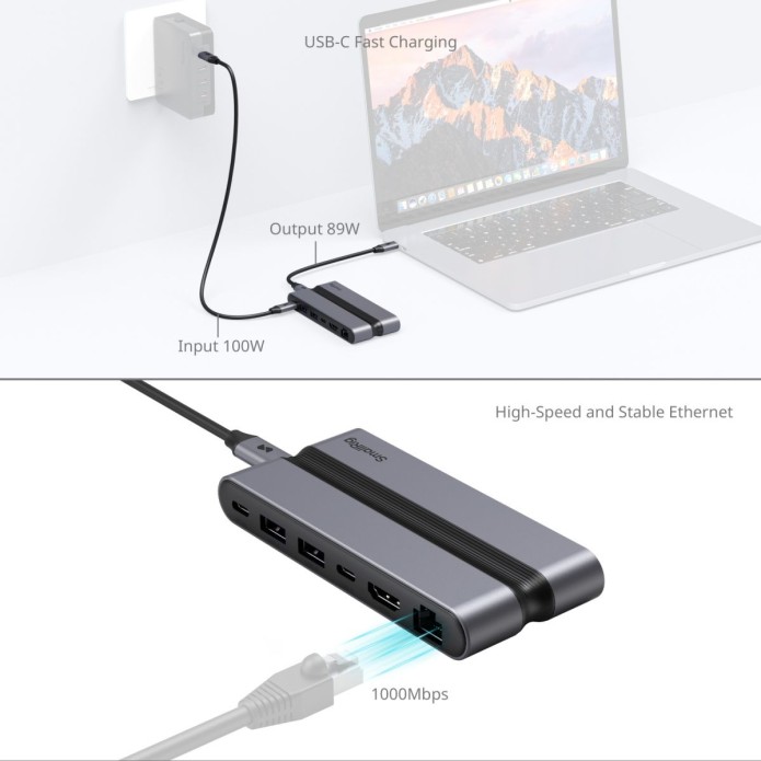 SmallRig USB-C Multiport-Hub mit 100-Watt-Stromeingang, bis zu 85 Watt USB-C-Ladeleistung für ein Notebook und Gigabit-Ethernet-Anschluss auf weißem Hintergrund.