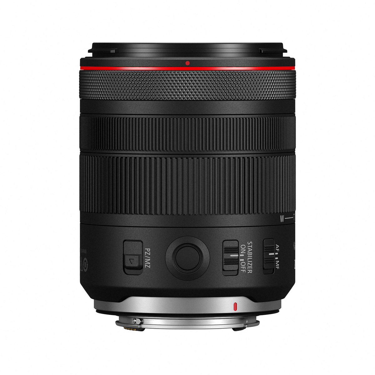 Canon 20–50 mm Zoomobjektiv in Schwarz, Rückansicht mit Fokus-, Stabilisator- und Funktionstasten sowie Metallbajonett.